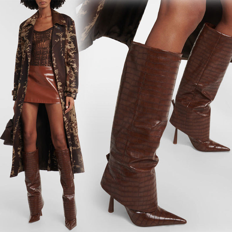 Stone-patterned pointed-toe stiletto boots