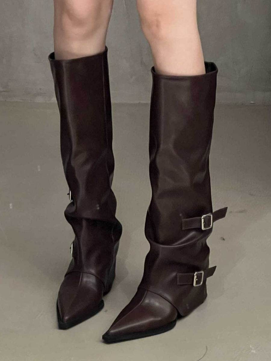 High-top belt buckle pointed toe thick-heeled boots
