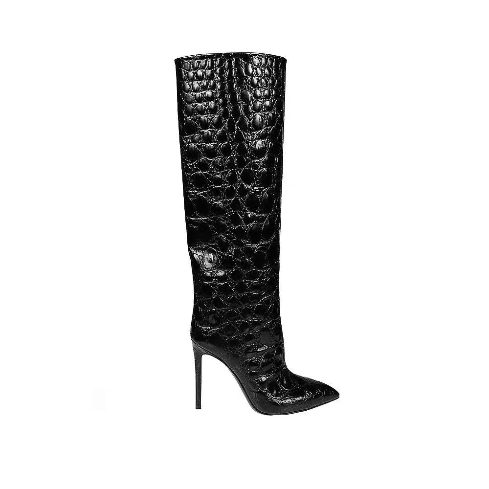 Snake-print high-heeled pointed-toe straight-leg boots