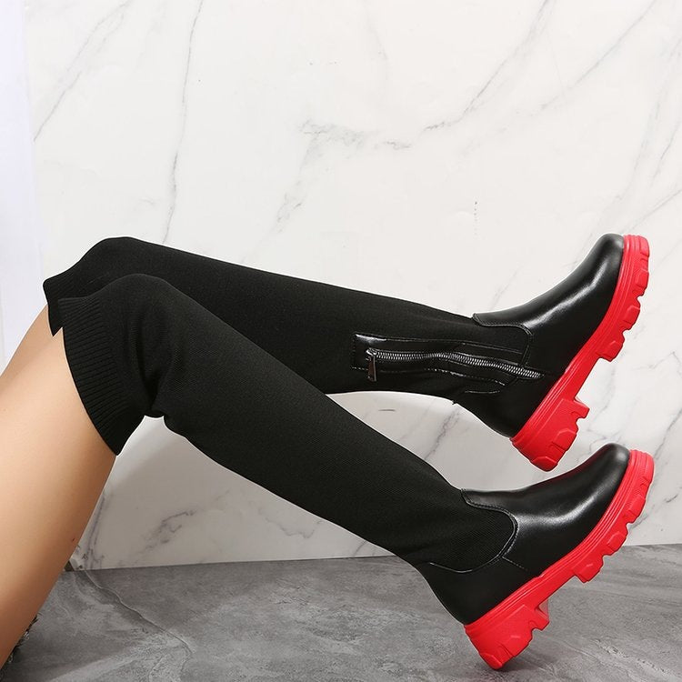 Over-the-knee round-toe flyknit women's platform boots