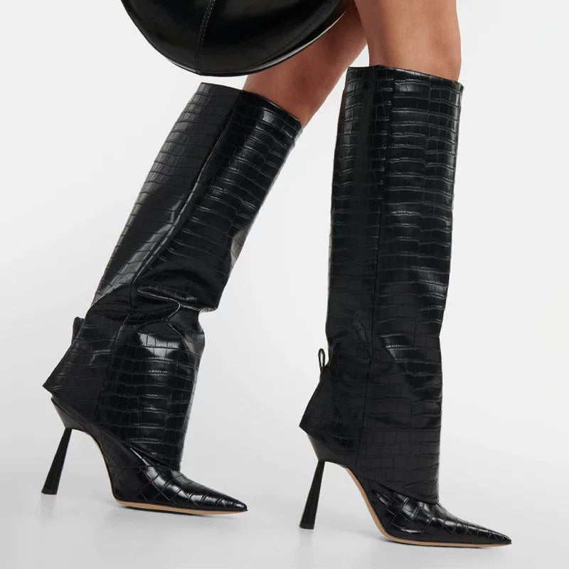Stone-patterned pointed-toe stiletto boots