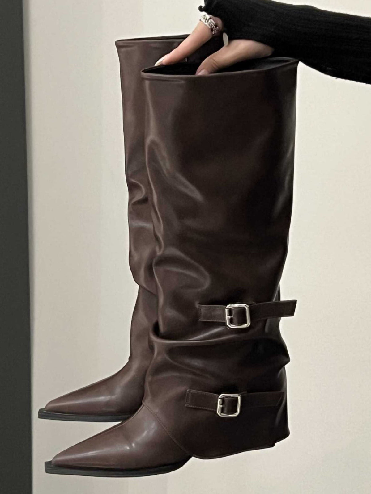 High-top belt buckle pointed toe thick-heeled boots