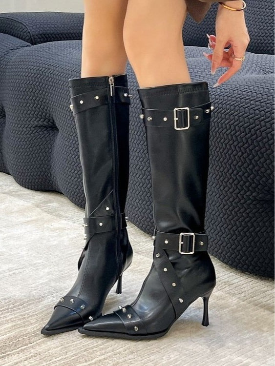 Women's pointed-toe studded high-heeled fashion boots