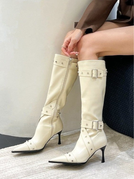 Women's pointed-toe studded high-heeled fashion boots
