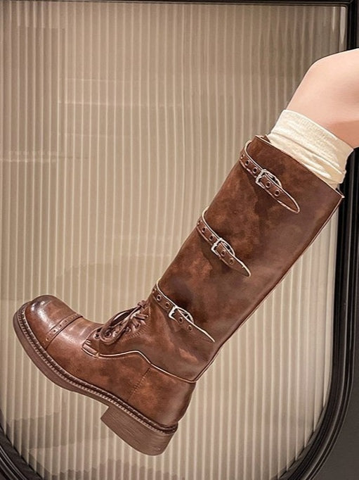 Retro distressed British square toe lace-up Martin boots