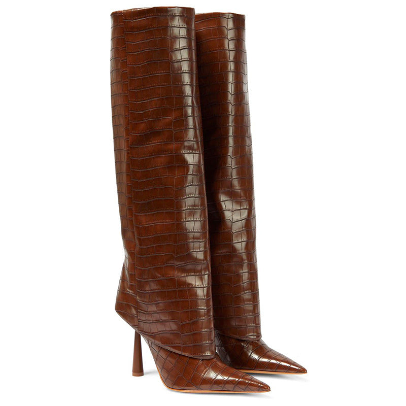 Stone-patterned pointed-toe stiletto boots