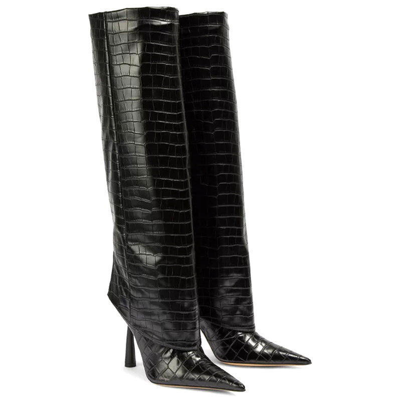 Stone-patterned pointed-toe stiletto boots