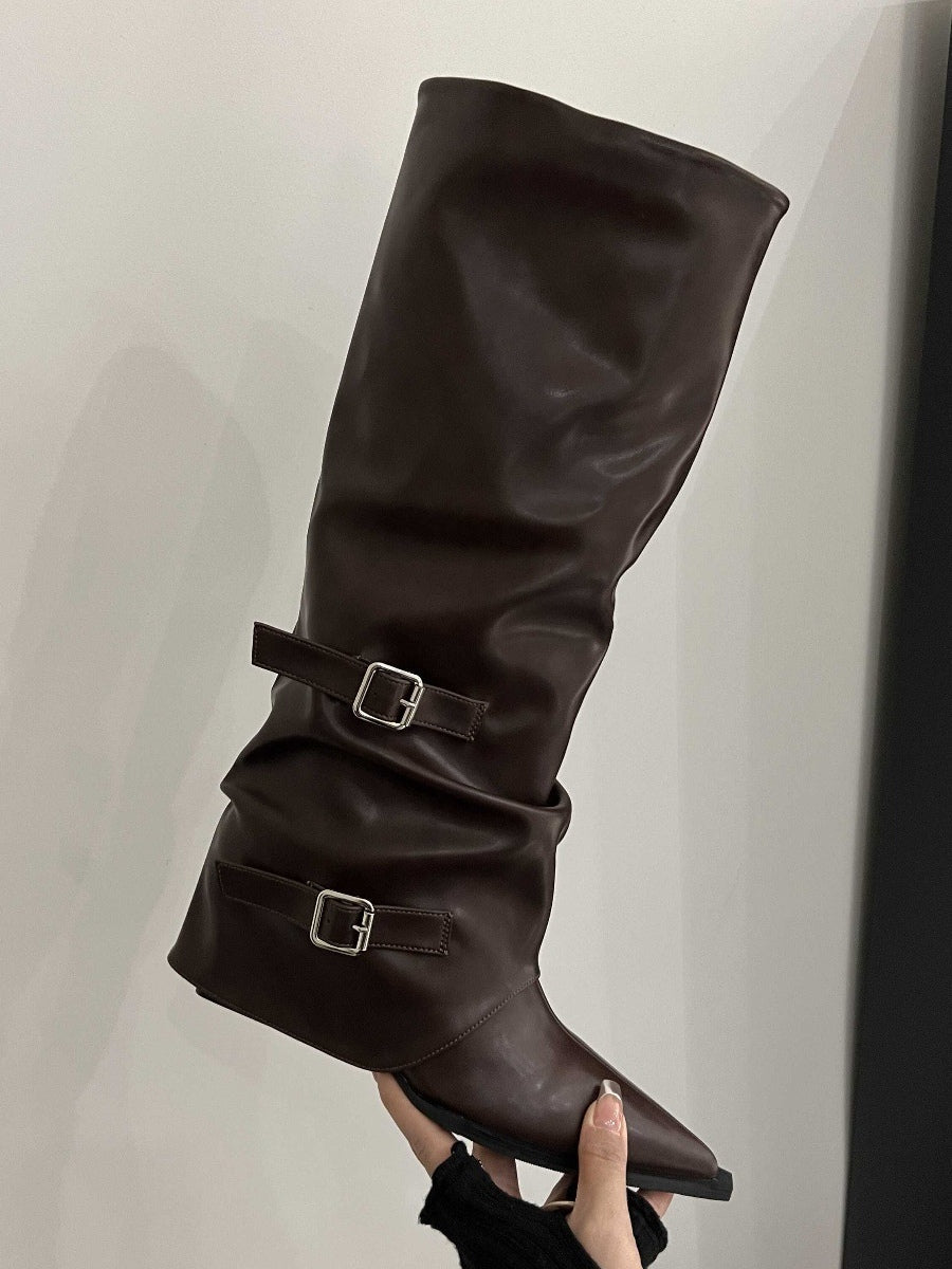 High-top belt buckle pointed toe thick-heeled boots