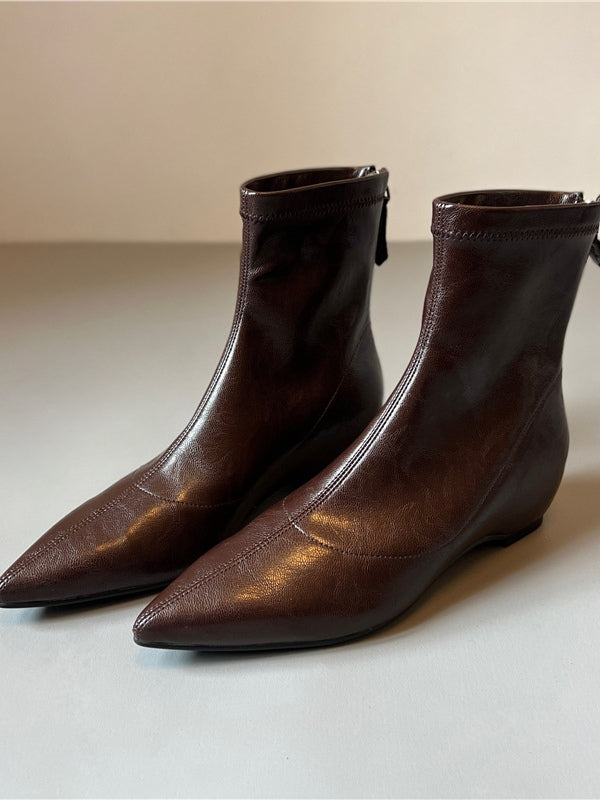 Pointed-toe soft leather stretch boots with back zipper wedge boots