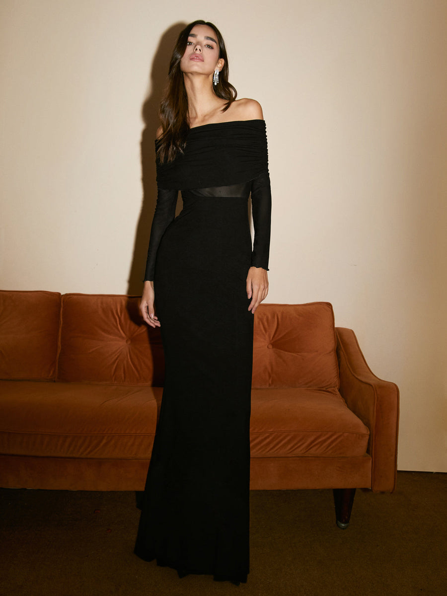 Semi-Sheer Off-Shoulder Mesh Long Sleeve Long Dress