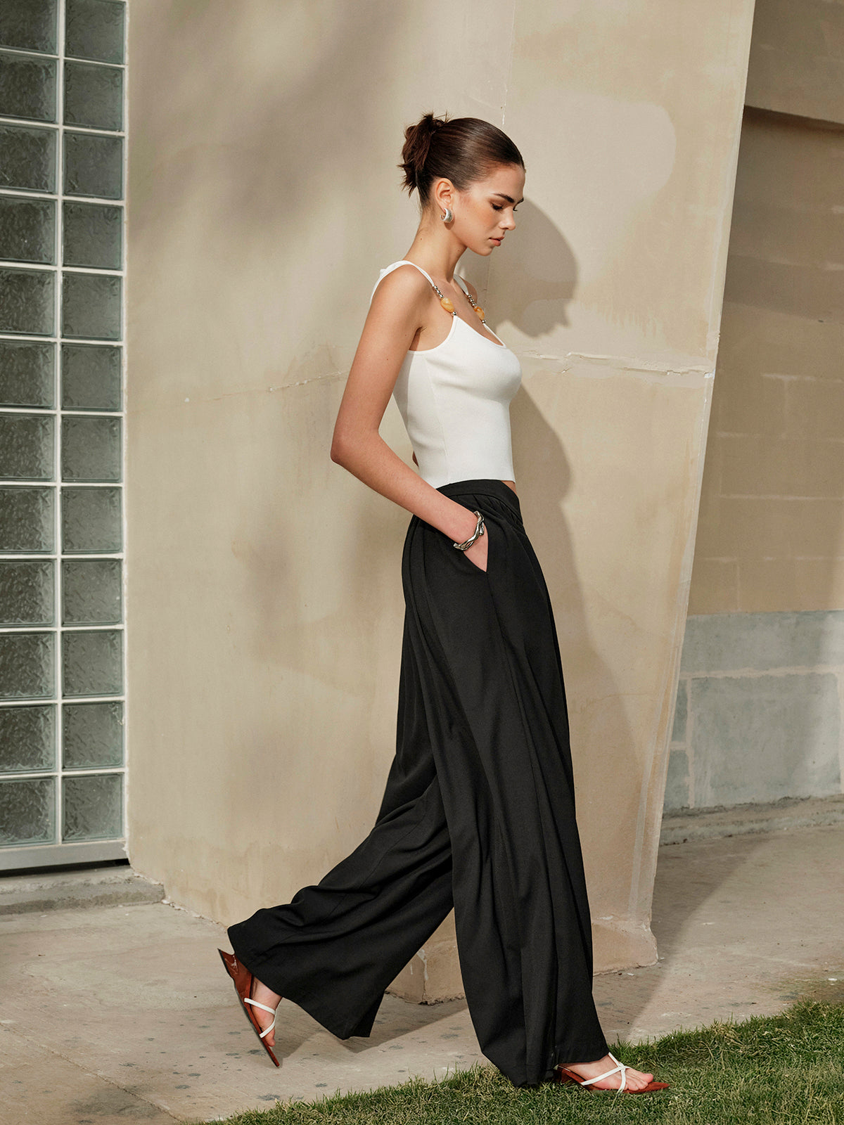 Mid-Waist Pleated Wide Leg Pants