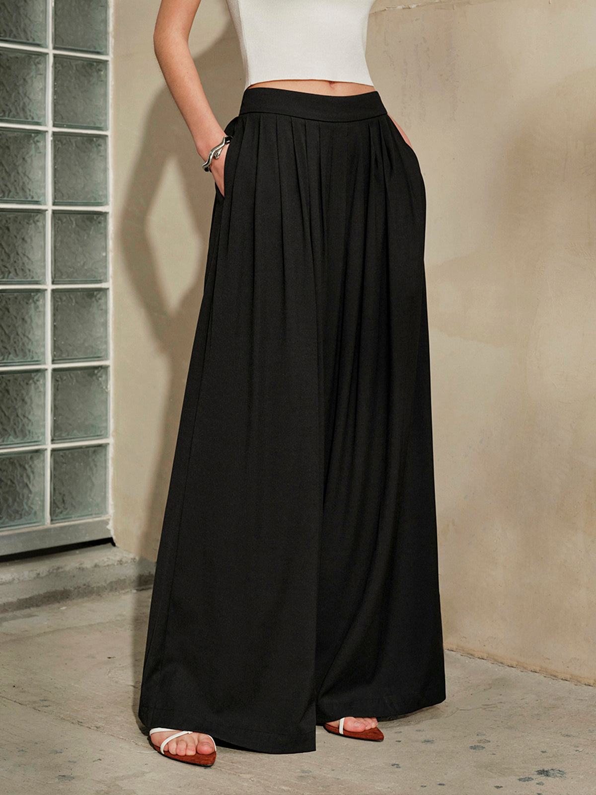 Mid-Waist Pleated Wide Leg Pants