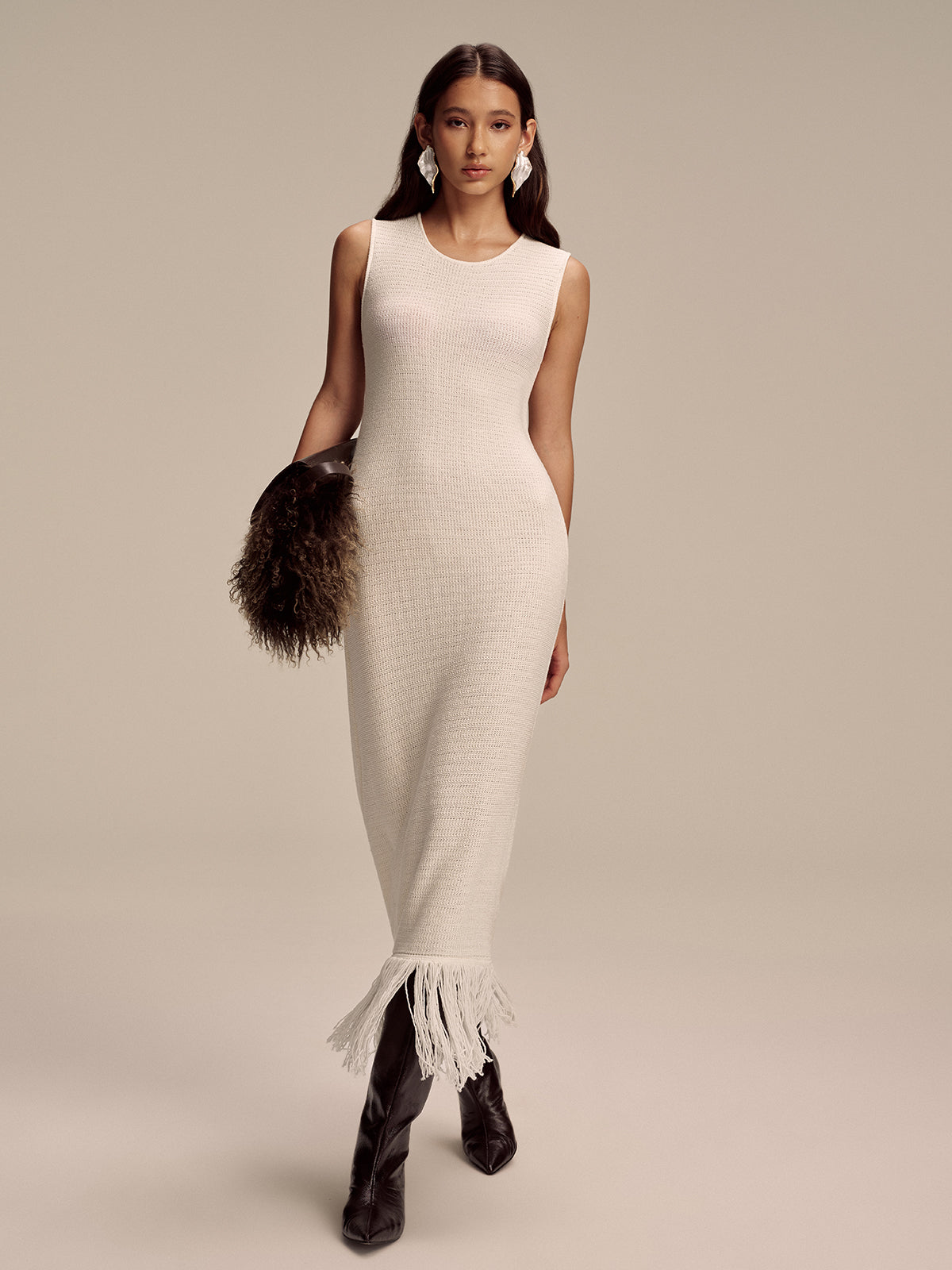 Fringe Hem Sleeveless Knit Maxi Dress