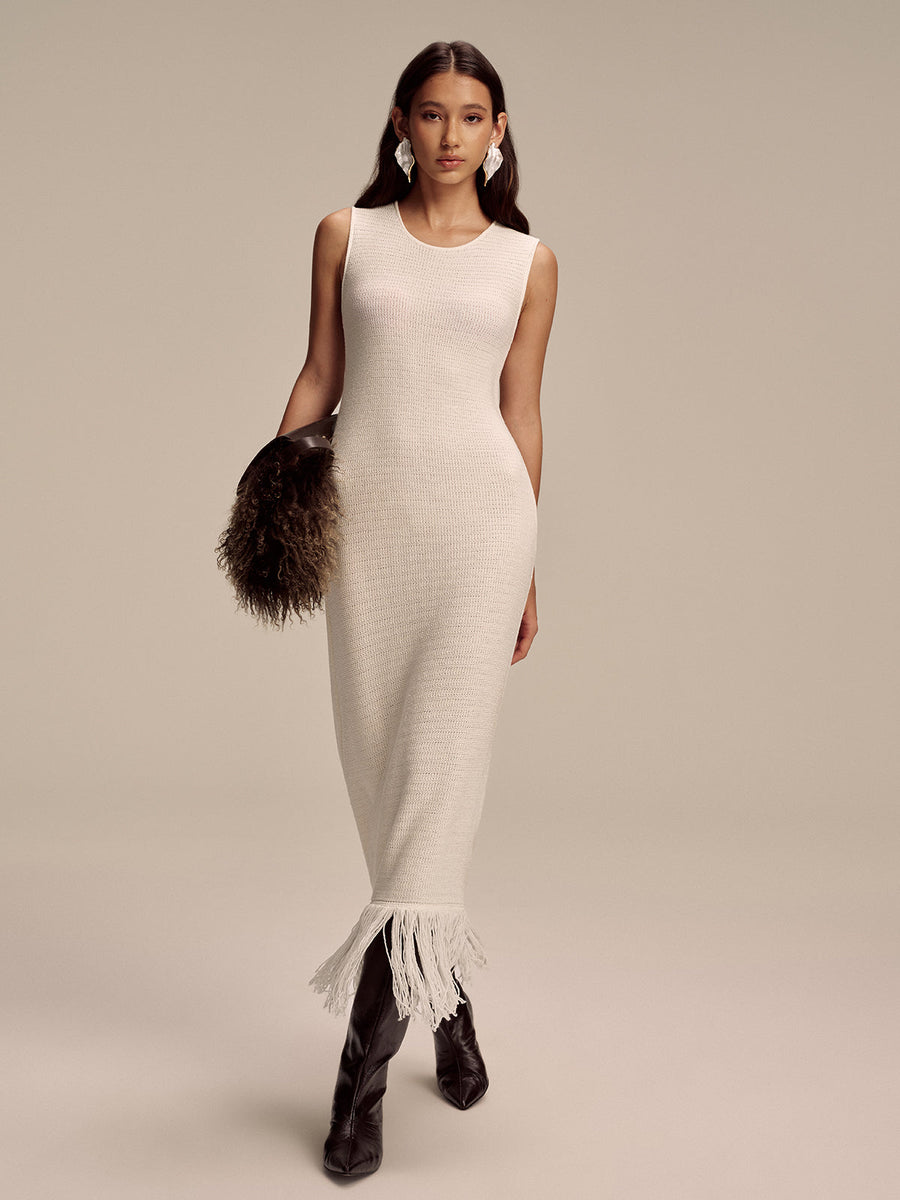 Fringe Hem Sleeveless Knit Maxi Dress