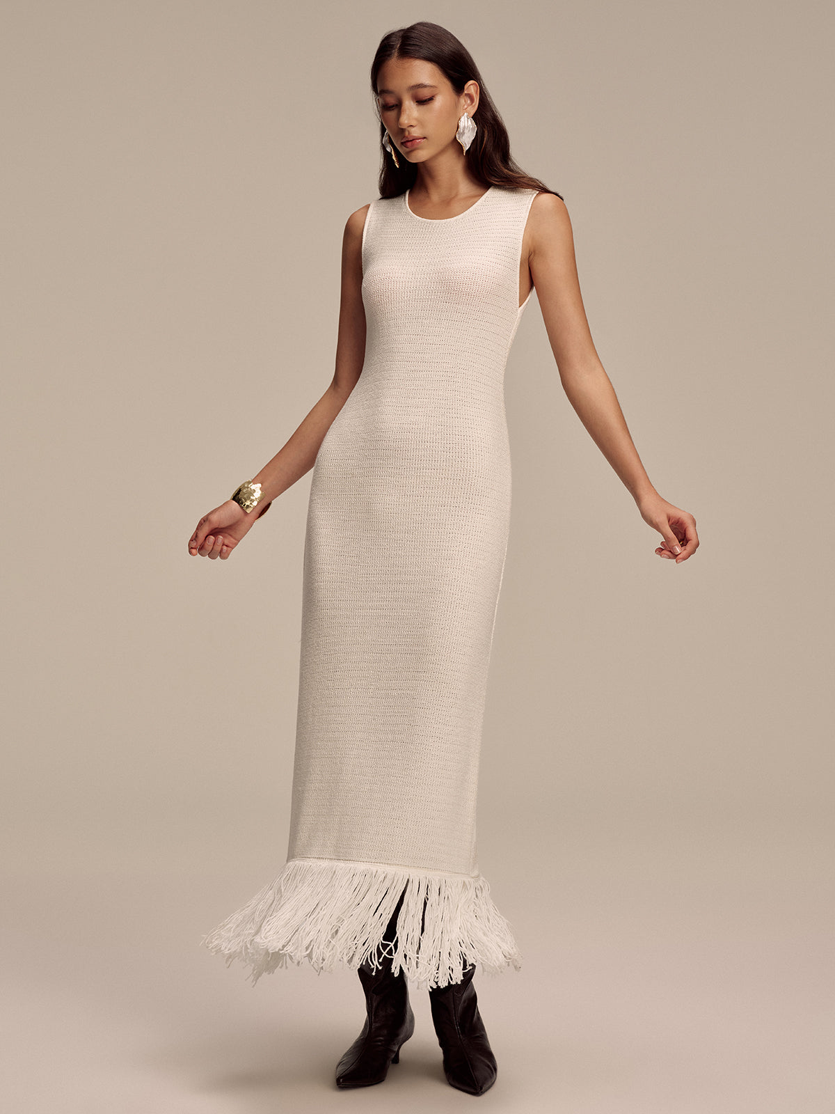 Fringe Hem Sleeveless Knit Maxi Dress
