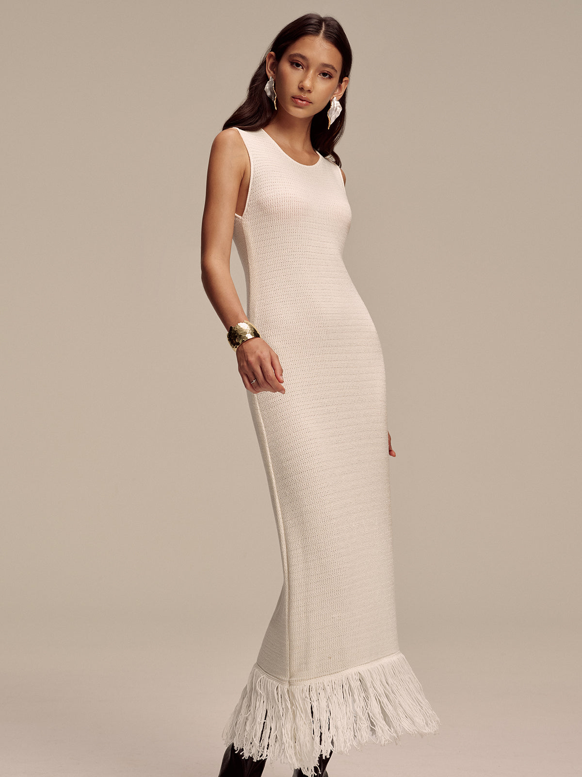 Fringe Hem Sleeveless Knit Maxi Dress