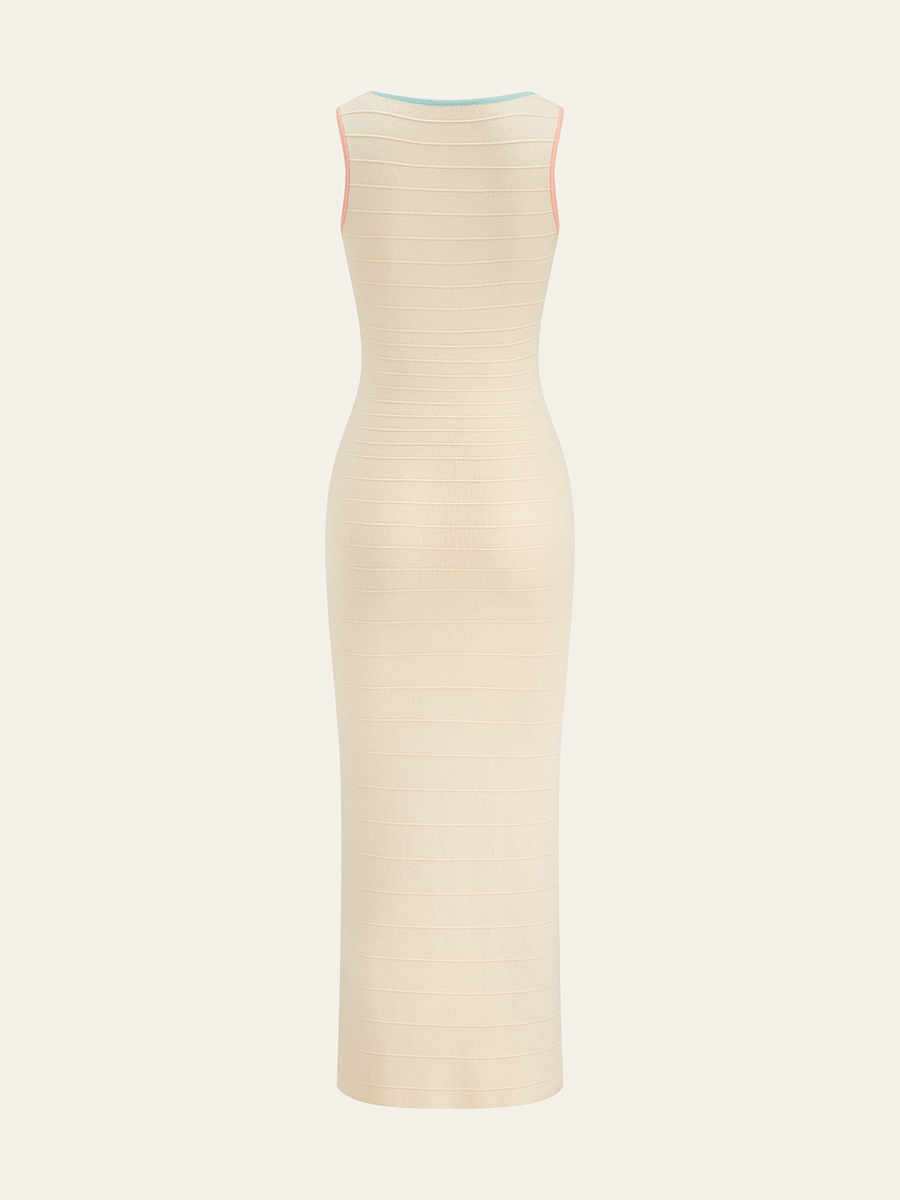 Color-Block Knit Midi Dress with Decor Button