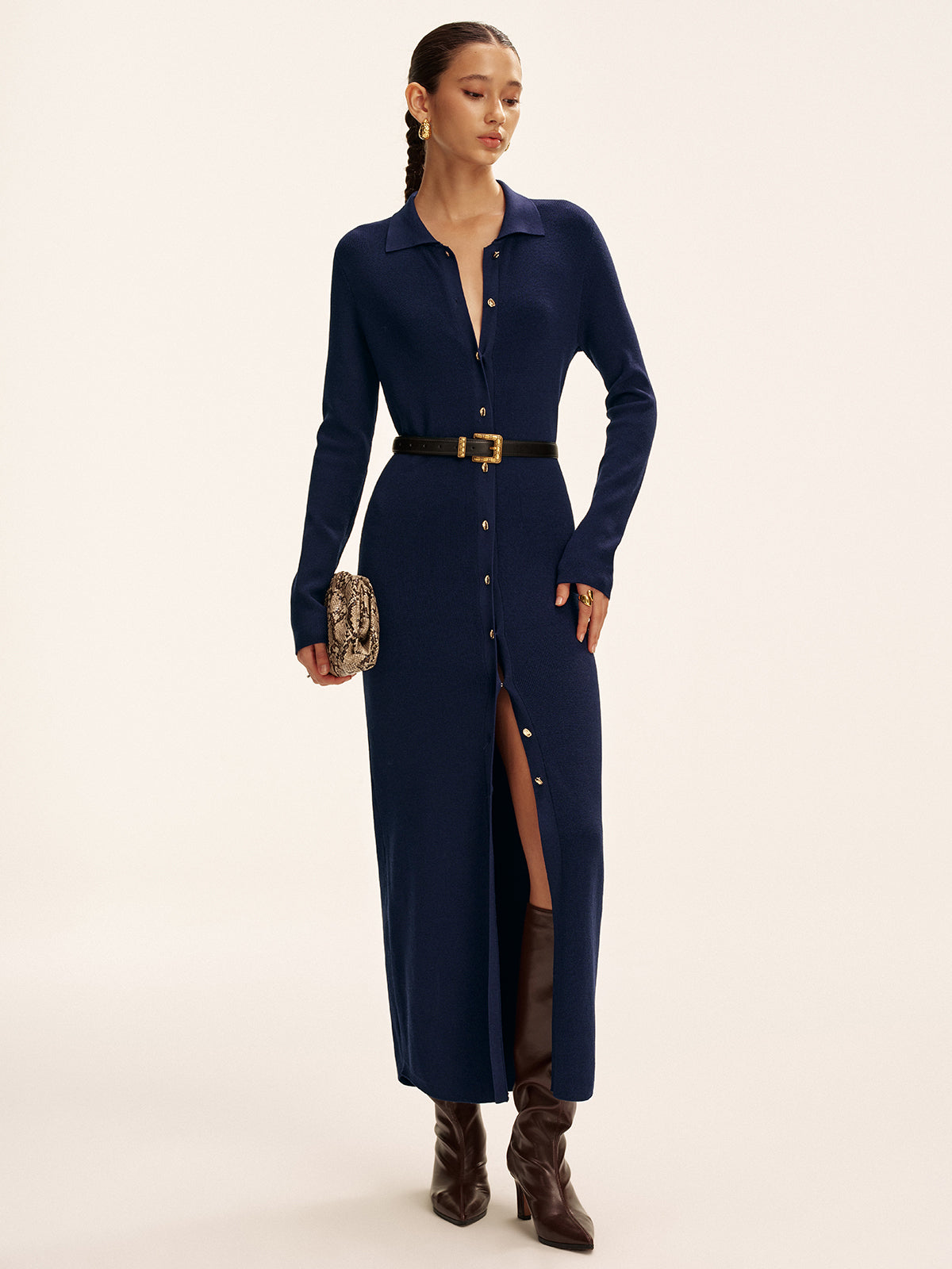 Long Sleeve Button Knit Maxi Dress without Belt