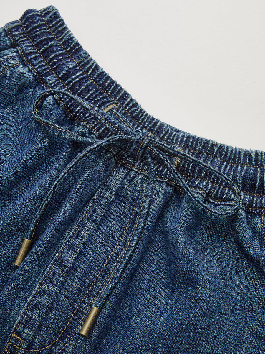 Denim Drawstring Waist Wide-Leg Pants