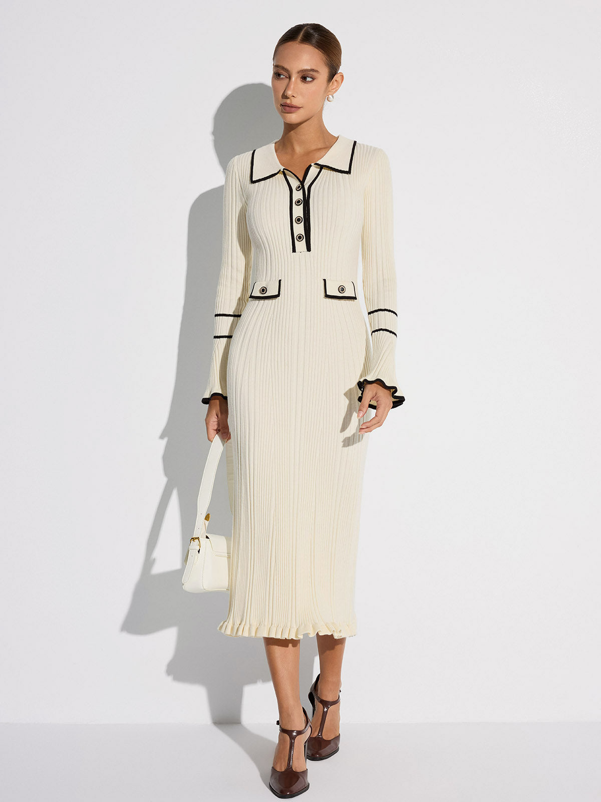 Contrast Trim Buttoned Ribbed Sweater Dress