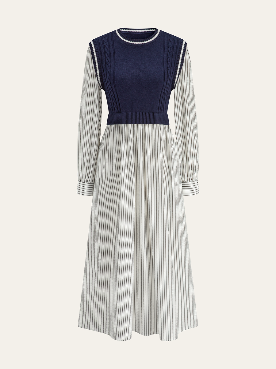 2 in 1 Cable-Knit Paneled Striped Midi Dress