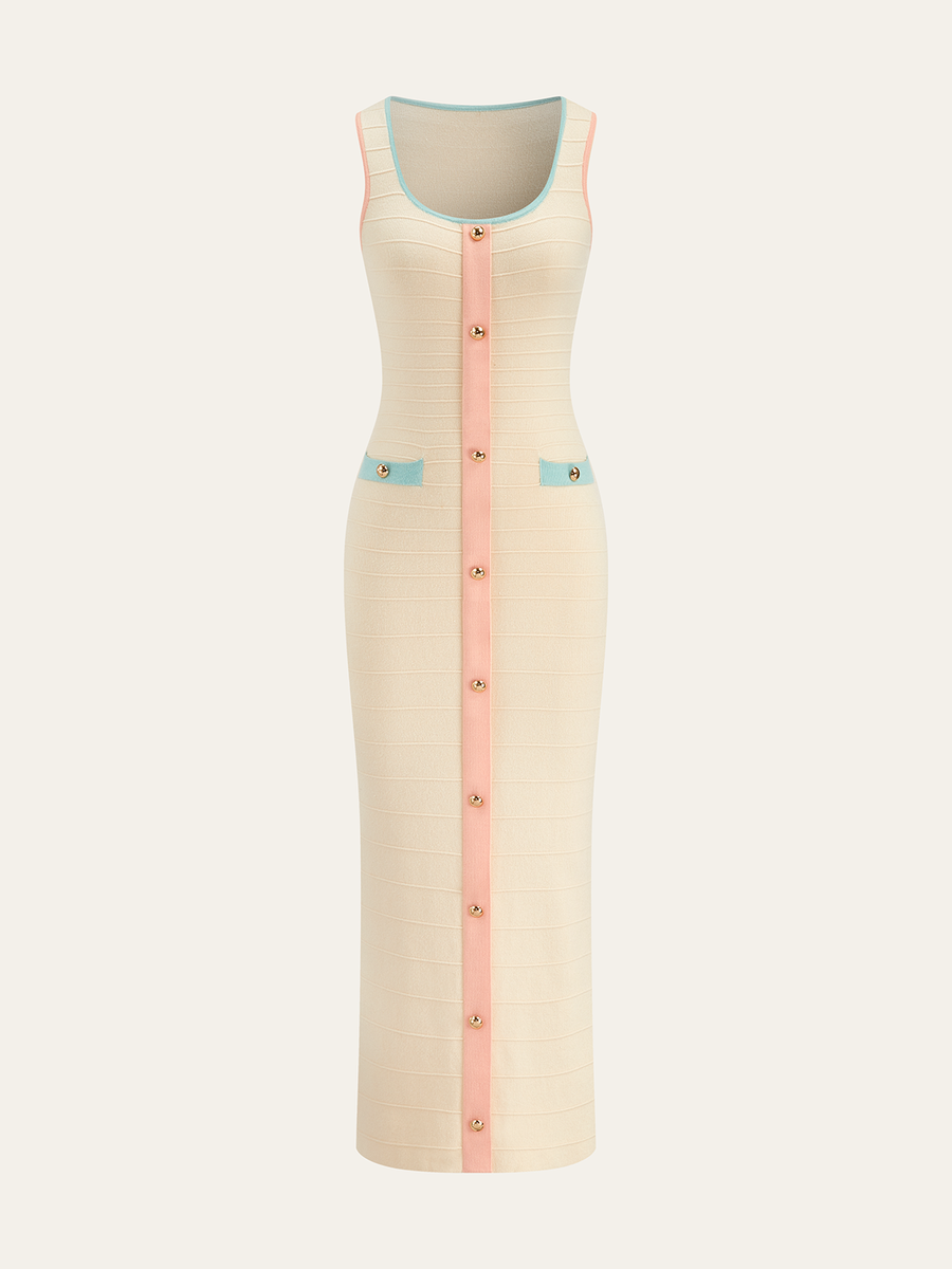 Color-Block Knit Midi Dress with Decor Button