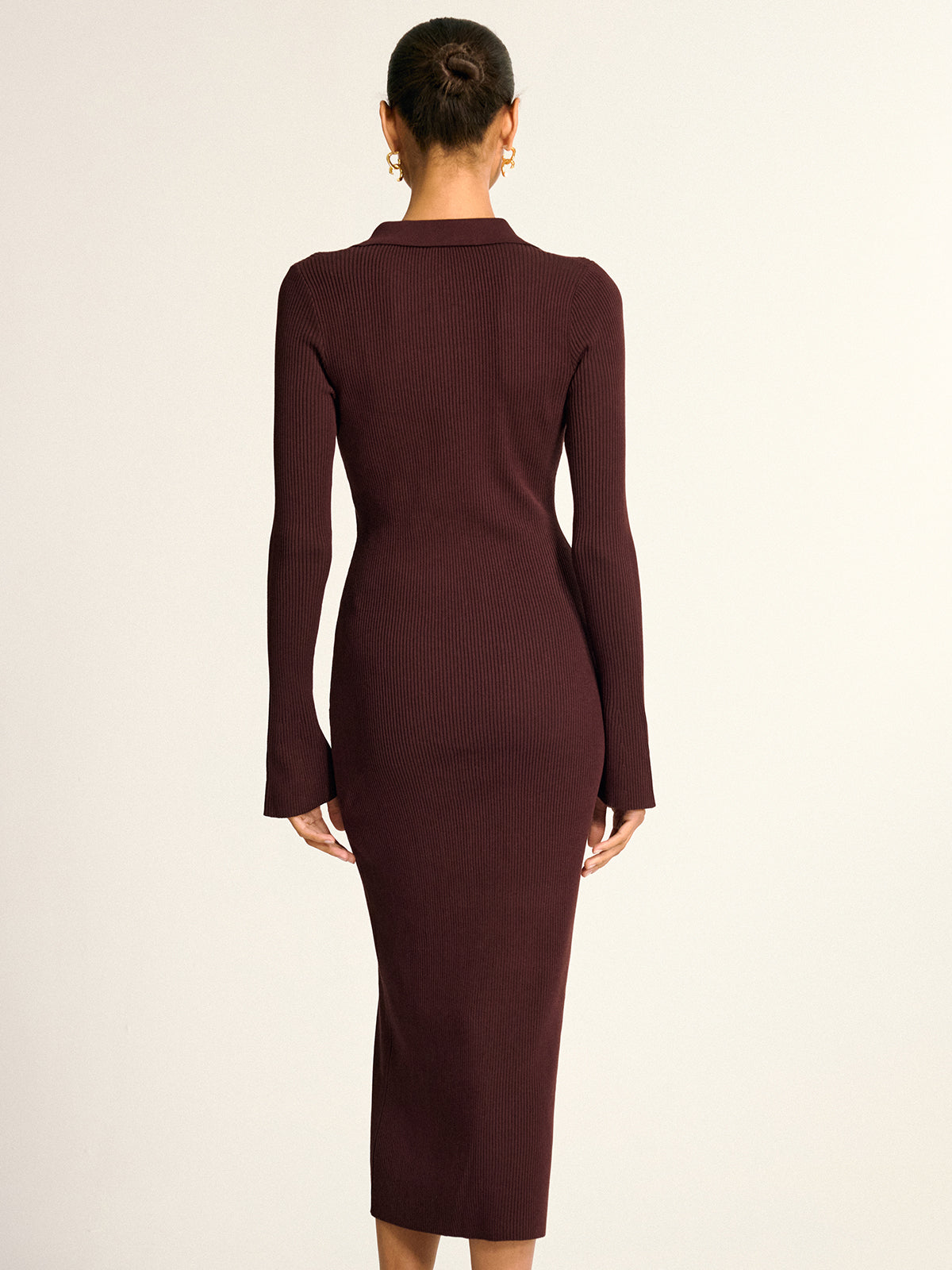 Metal Button Collar Ribbed Knit Midi Dress