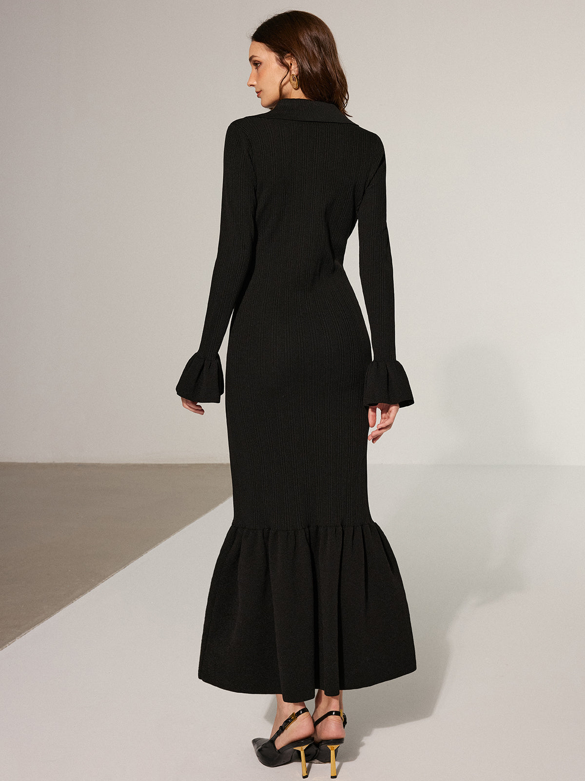 Mermaid Hem Collared Knit Maxi Dress