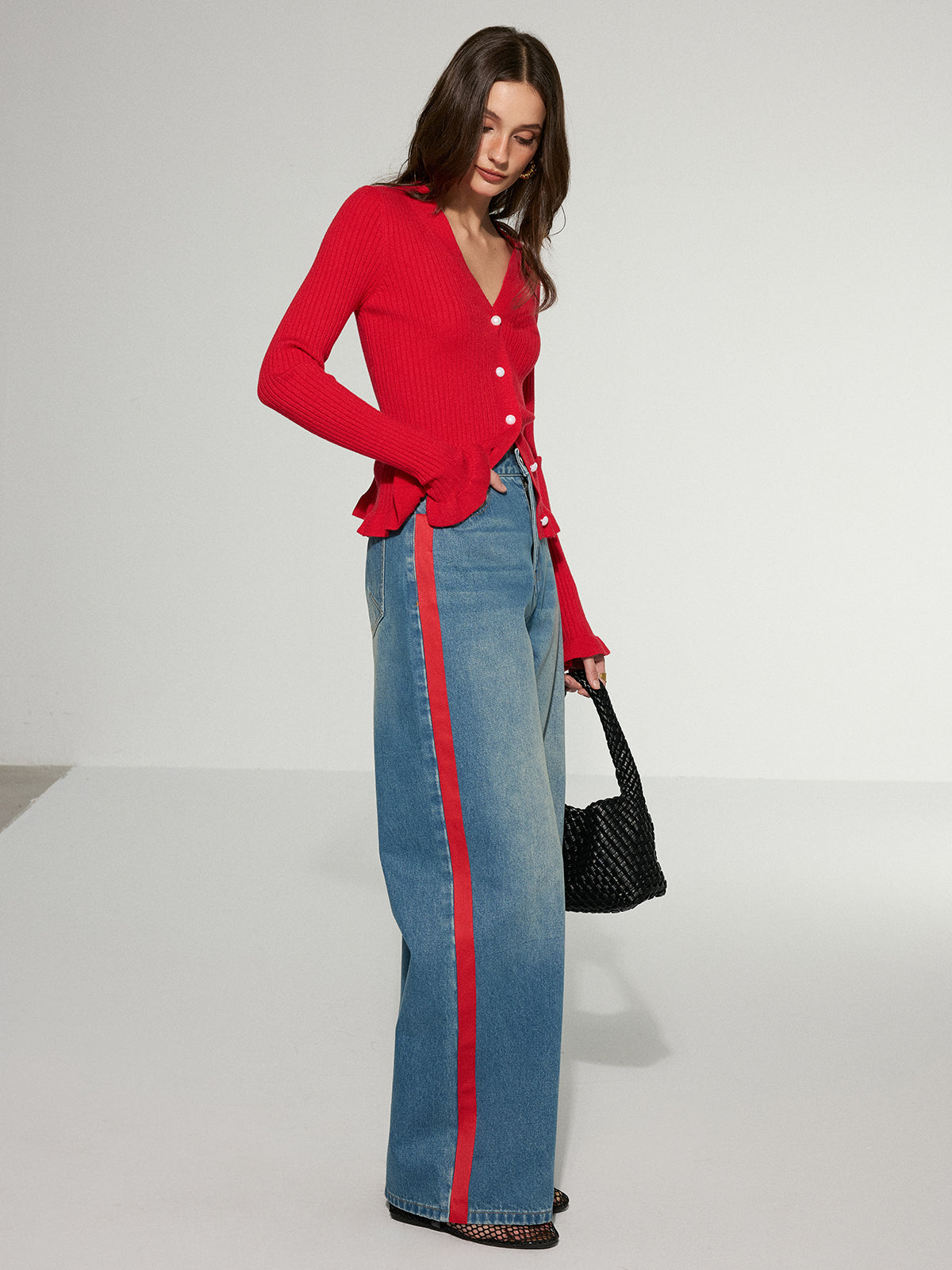 Contrast Side Striped Wide-Leg Jeans