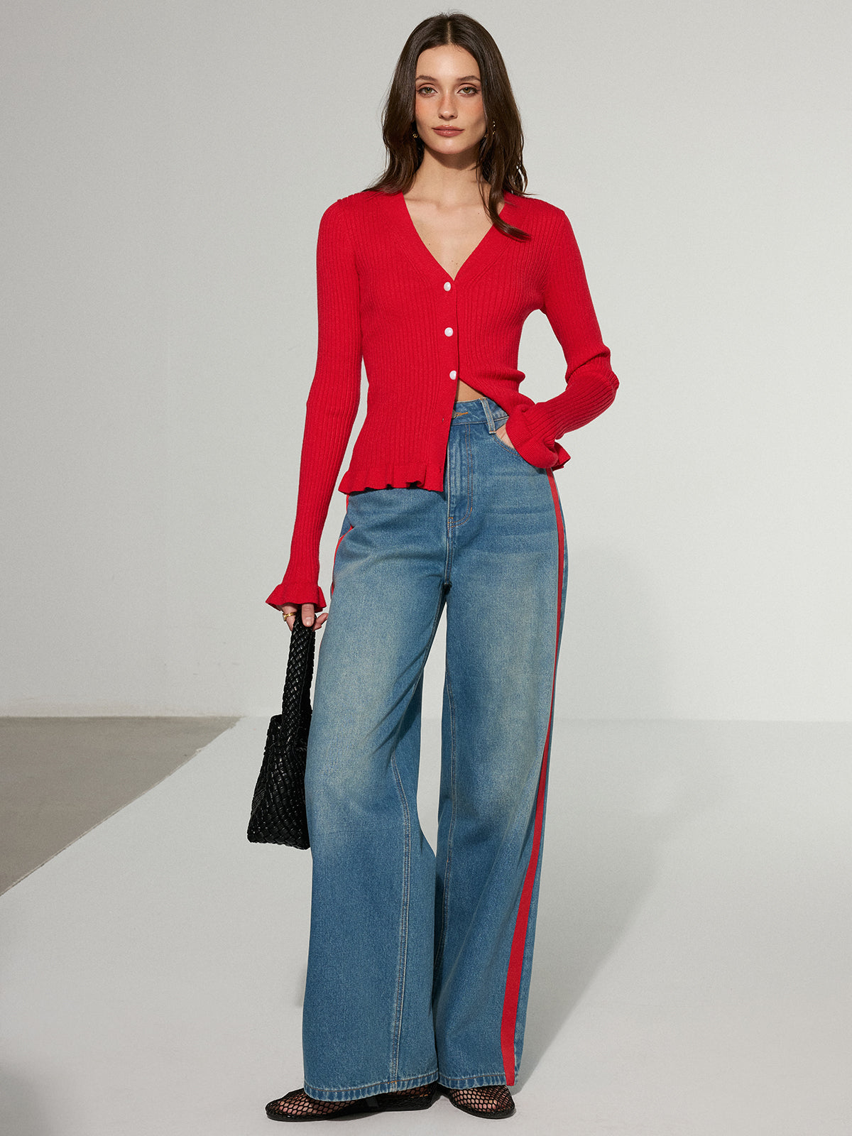 Contrast Side Striped Wide-Leg Jeans