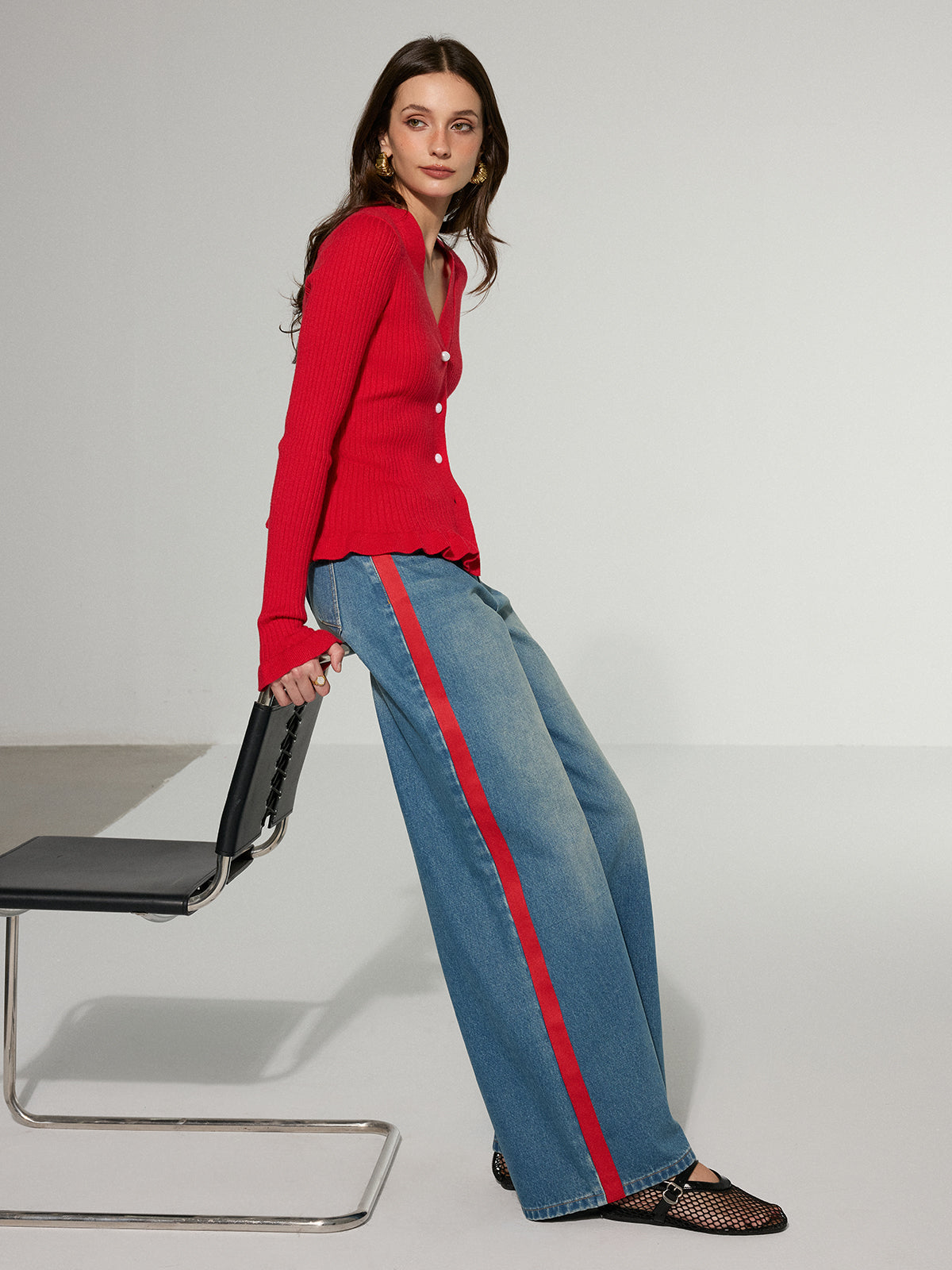 Contrast Side Striped Wide-Leg Jeans