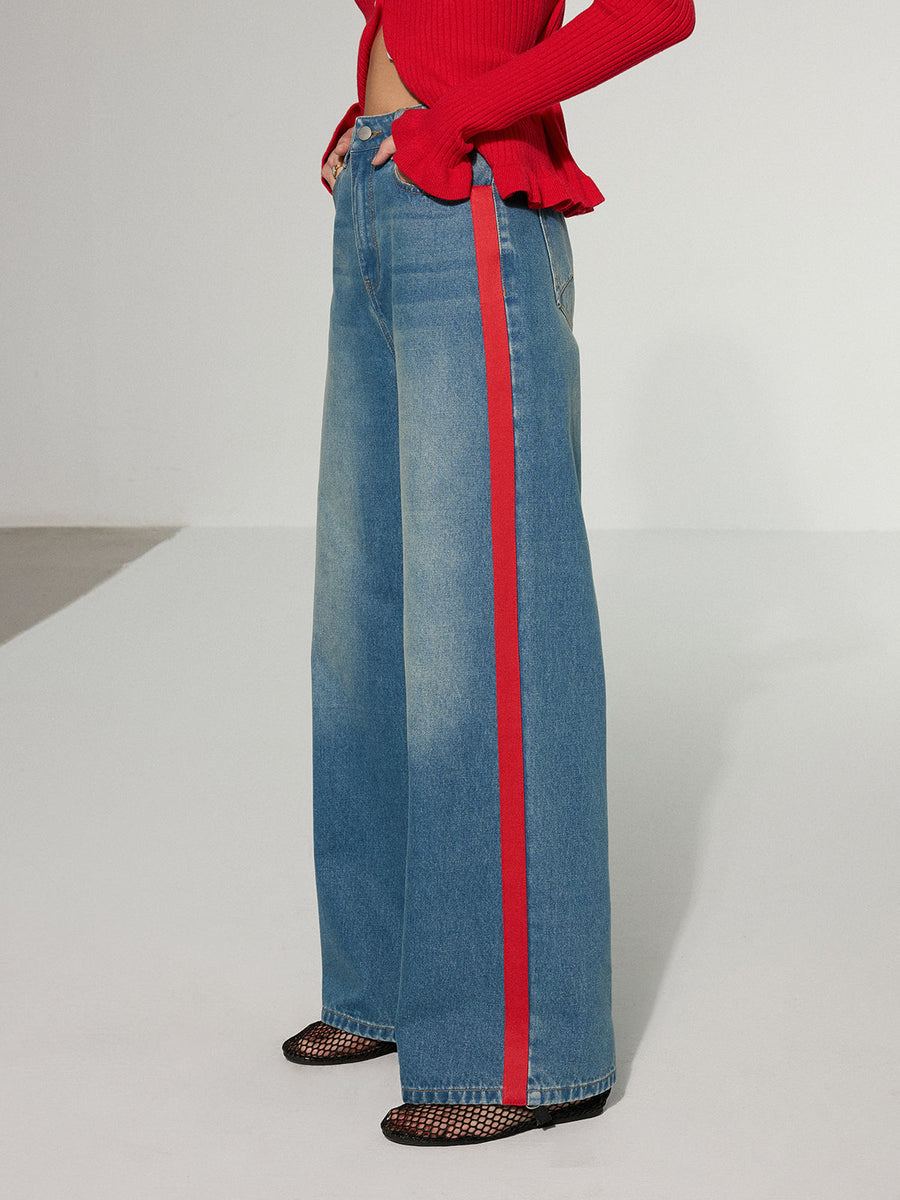Contrast Side Striped Wide-Leg Jeans