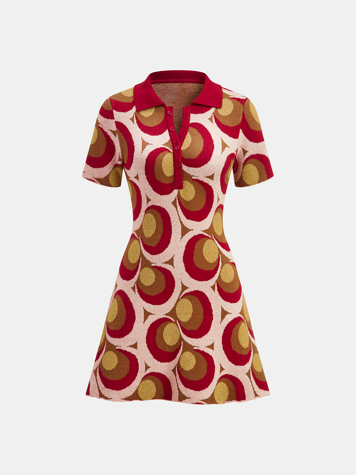 Vintage Print Polo Collar Sweater Dress