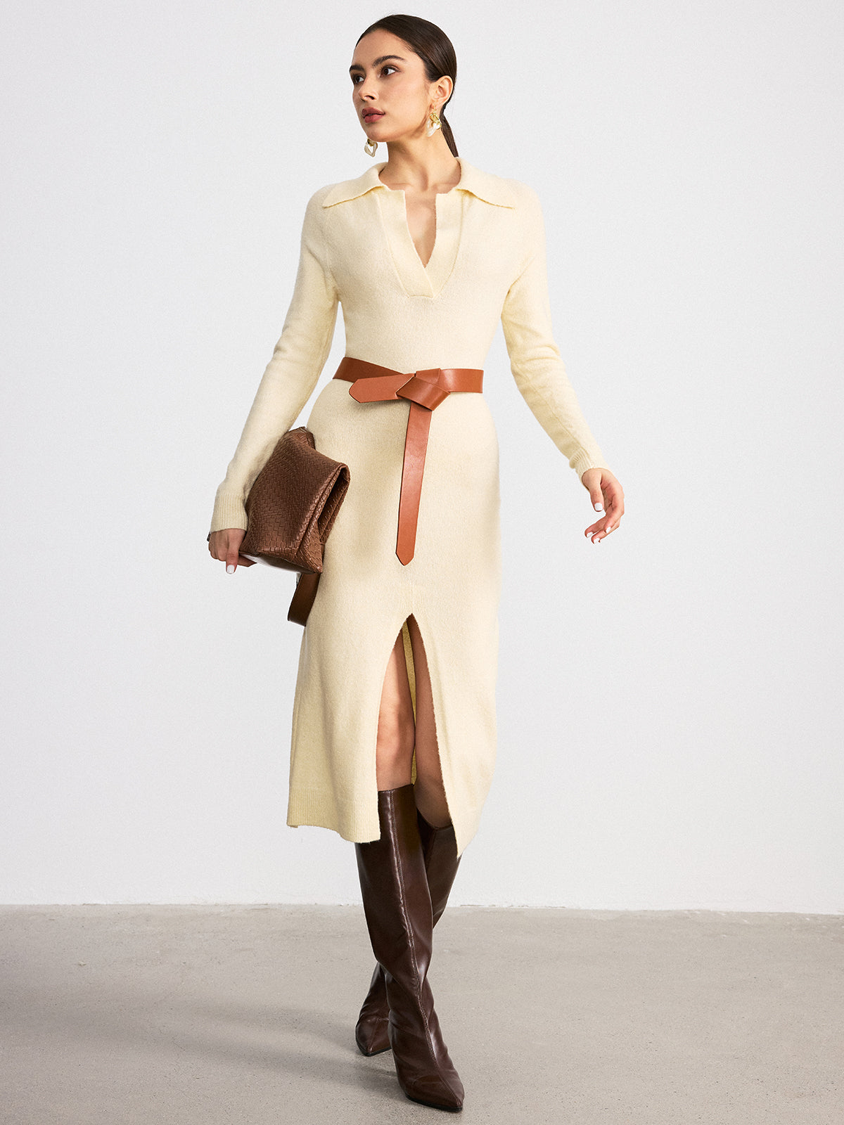 Collared Split-Hem Belted Knit Midi Dress