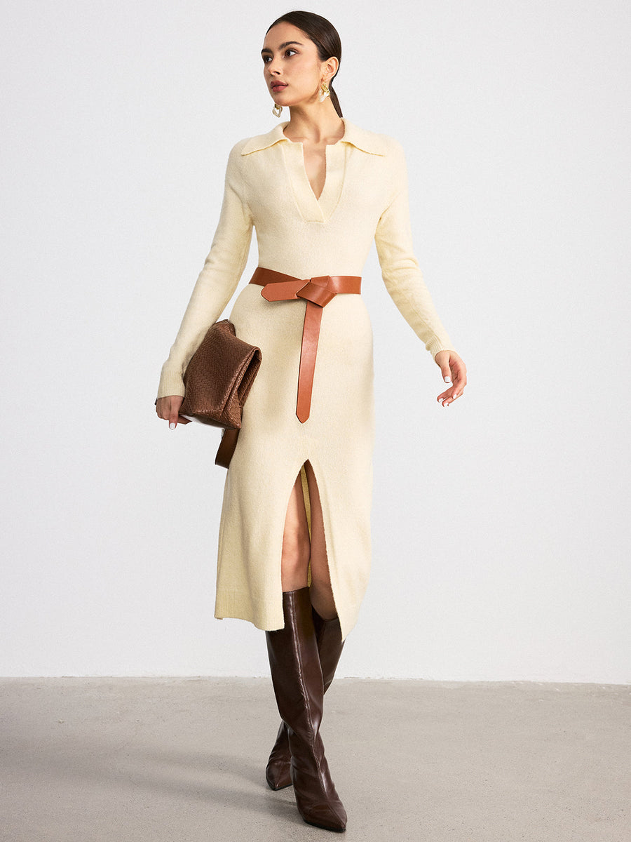 Collared Split-Hem Belted Knit Midi Dress