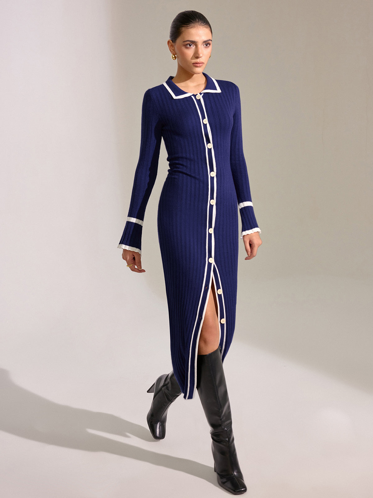 Contrast Trim Button Front Slim Fit Midi Dress