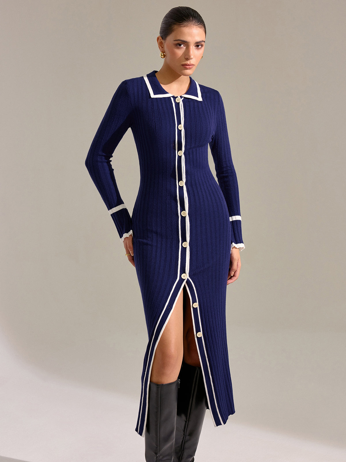 Contrast Trim Button Front Slim Fit Midi Dress