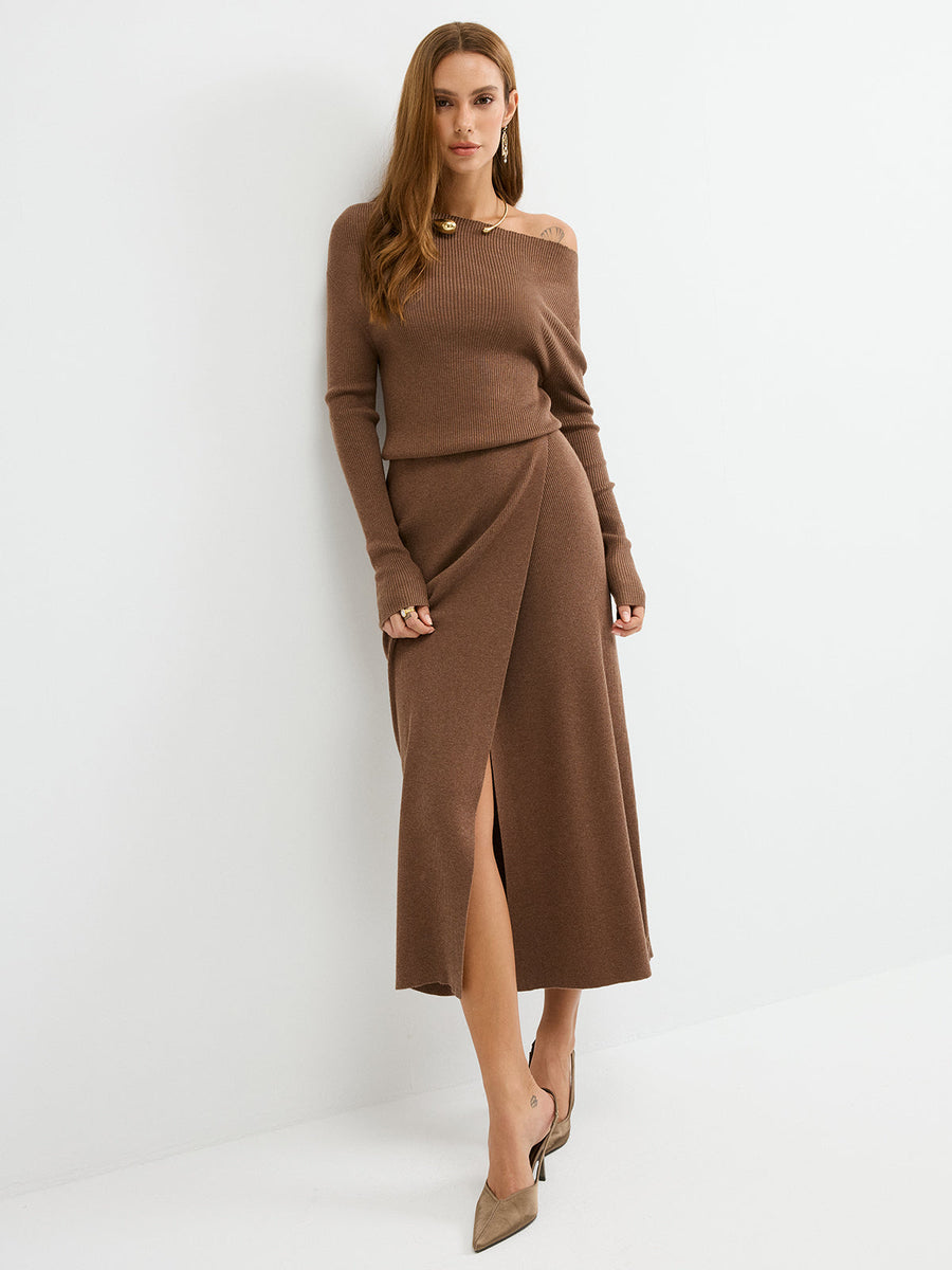 Off-Shoulder Ribbed Wool Blend Maxi Dress