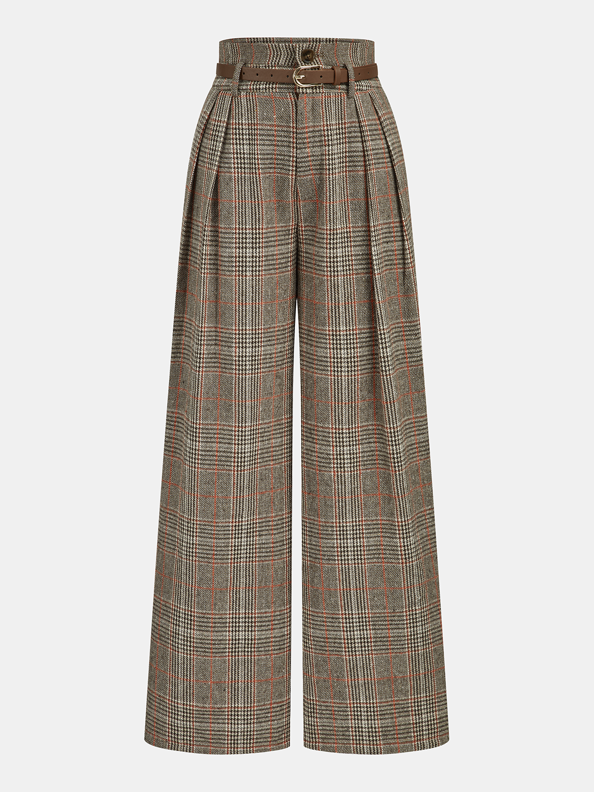 Belted Plaid High-Waisted Pants
