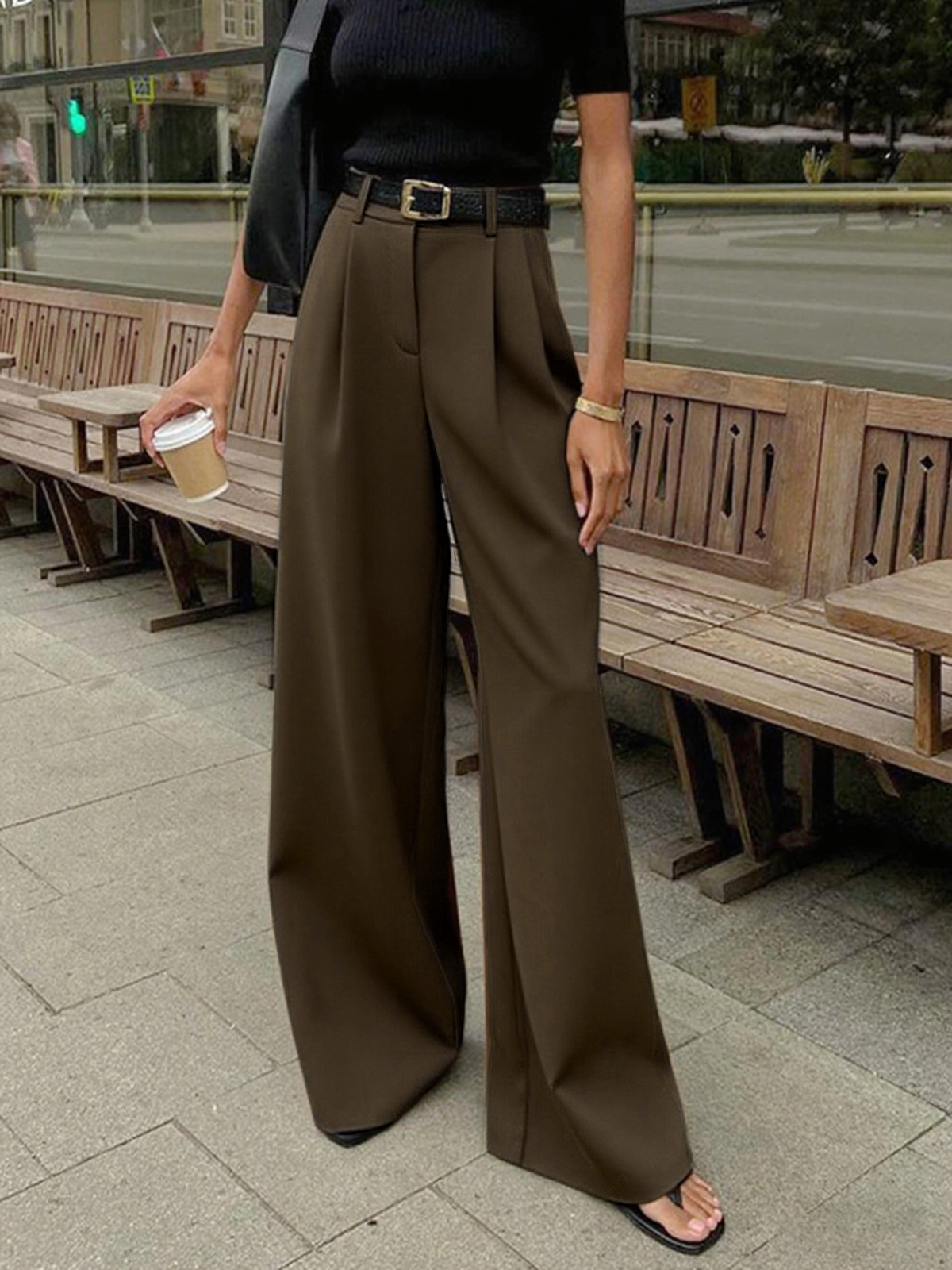 Solid Wide Leg Pants Without Belt