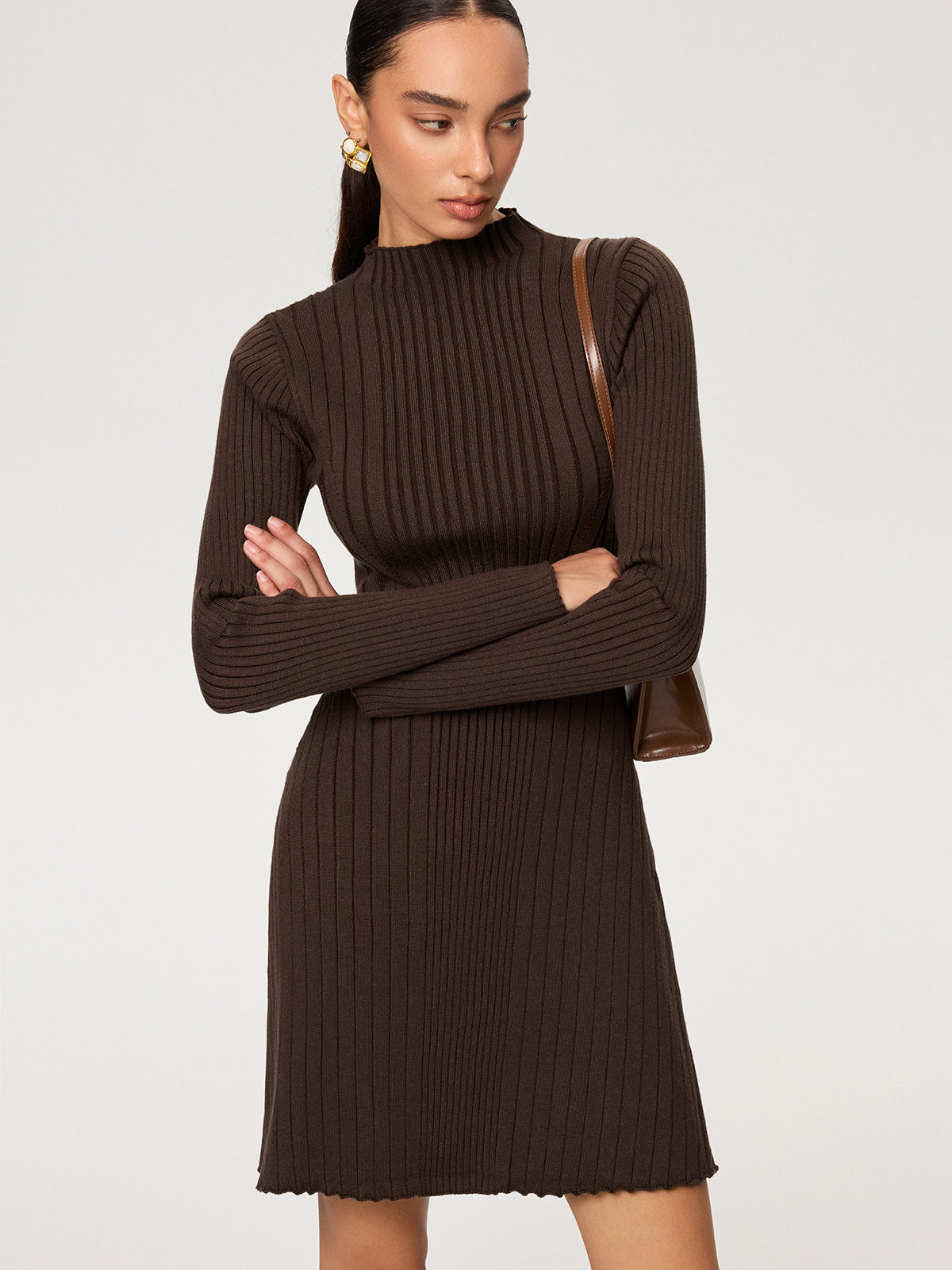 Ribbed Mock Neck Long Sleeve Knit Dress