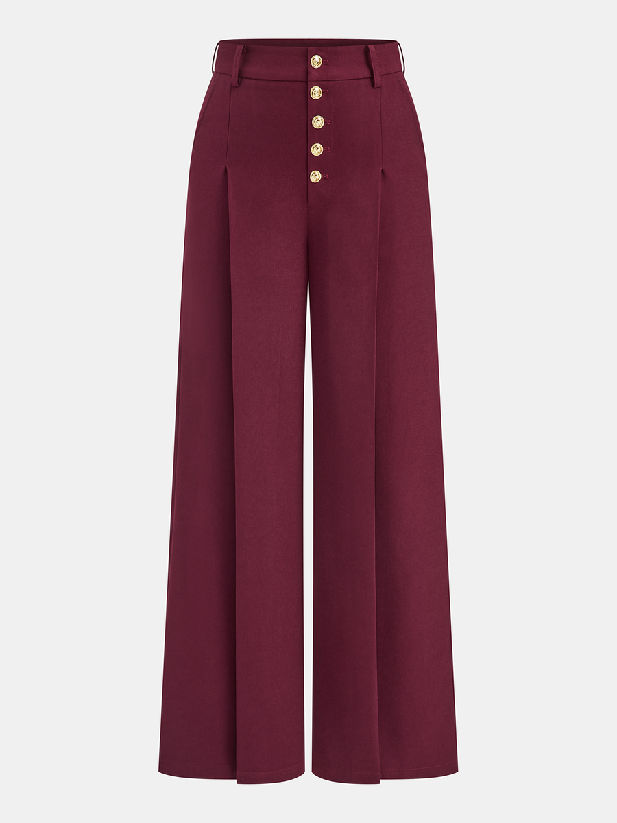 High-Waist Metal Button Pleated Wide-Leg Pants