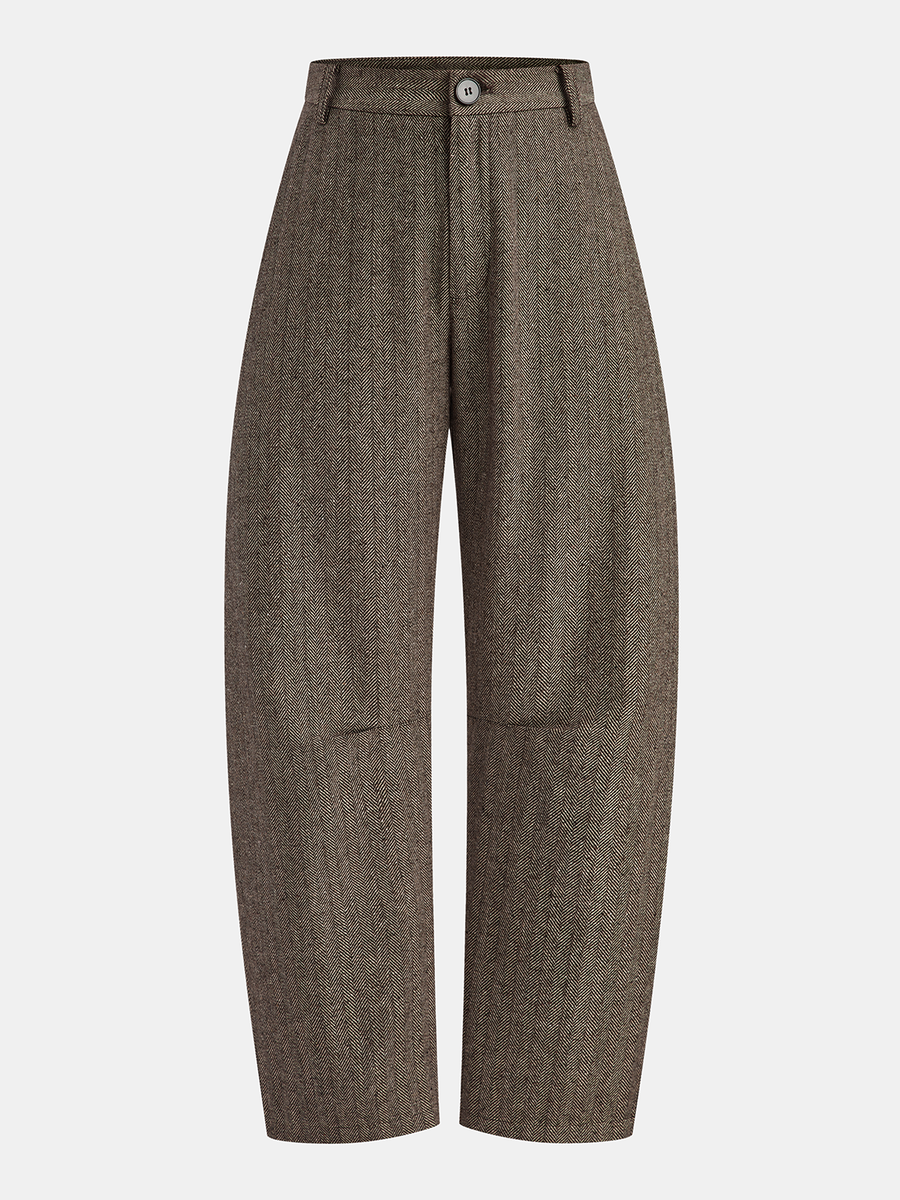 Mid-Waist Herringbone Curved-Leg Pants