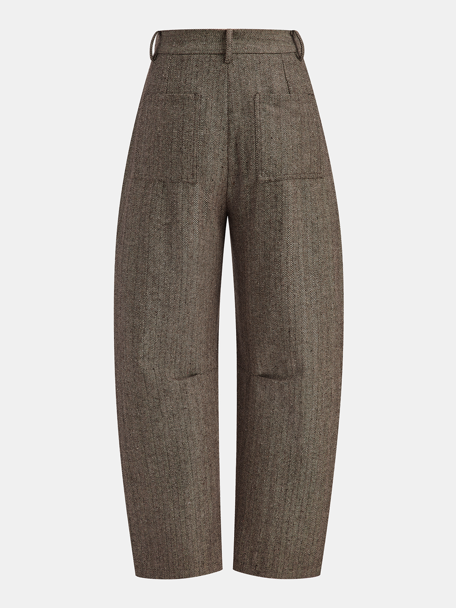 Mid-Waist Herringbone Curved-Leg Pants