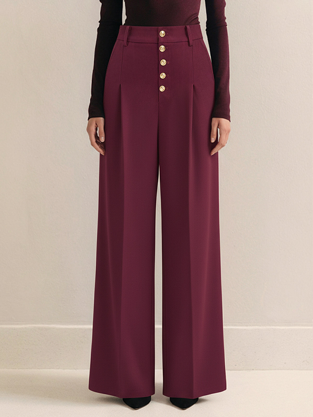 High-Waist Metal Button Pleated Wide-Leg Pants