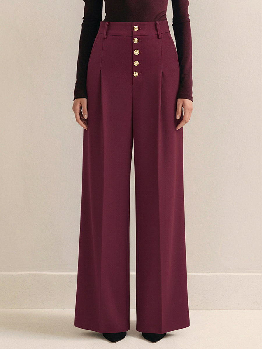High-Waist Metal Button Pleated Wide-Leg Pants