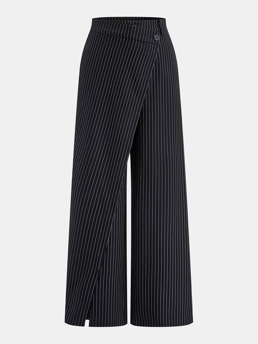 Wide-Leg Pinstriped Asymmetric Placket Pants