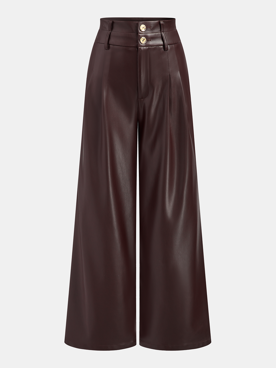 Double Waistband Faux Leather Pants