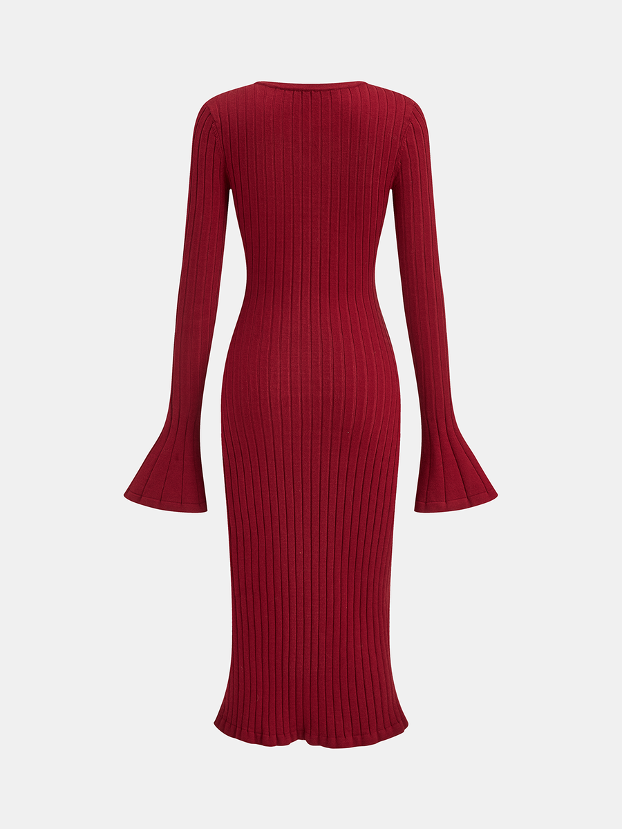 Bell Sleeve Mermaid Hem Horsebit Knit Midi Dress
