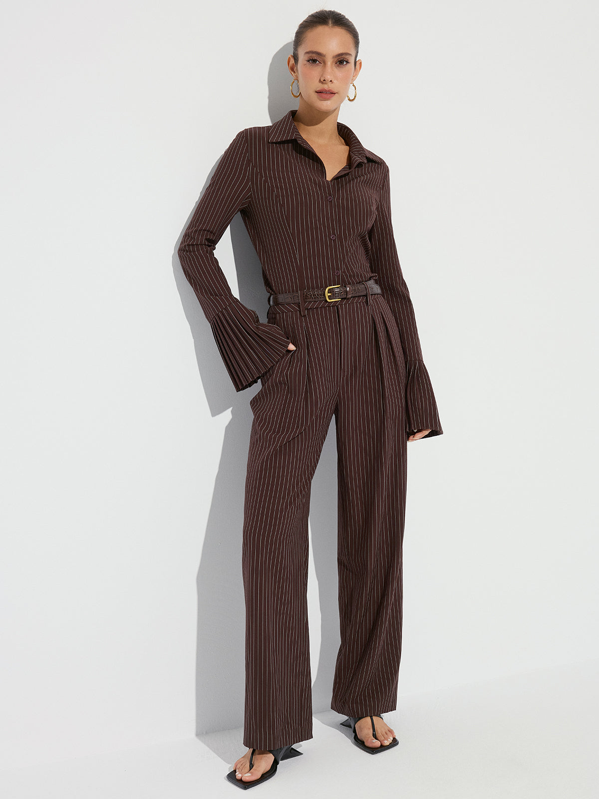 Striped Pleated Wide-Leg Pants without Belt